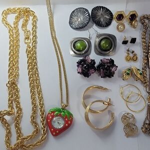 Gold  Tone and Red Strawberry Pendant Necklace Jewelry Lot